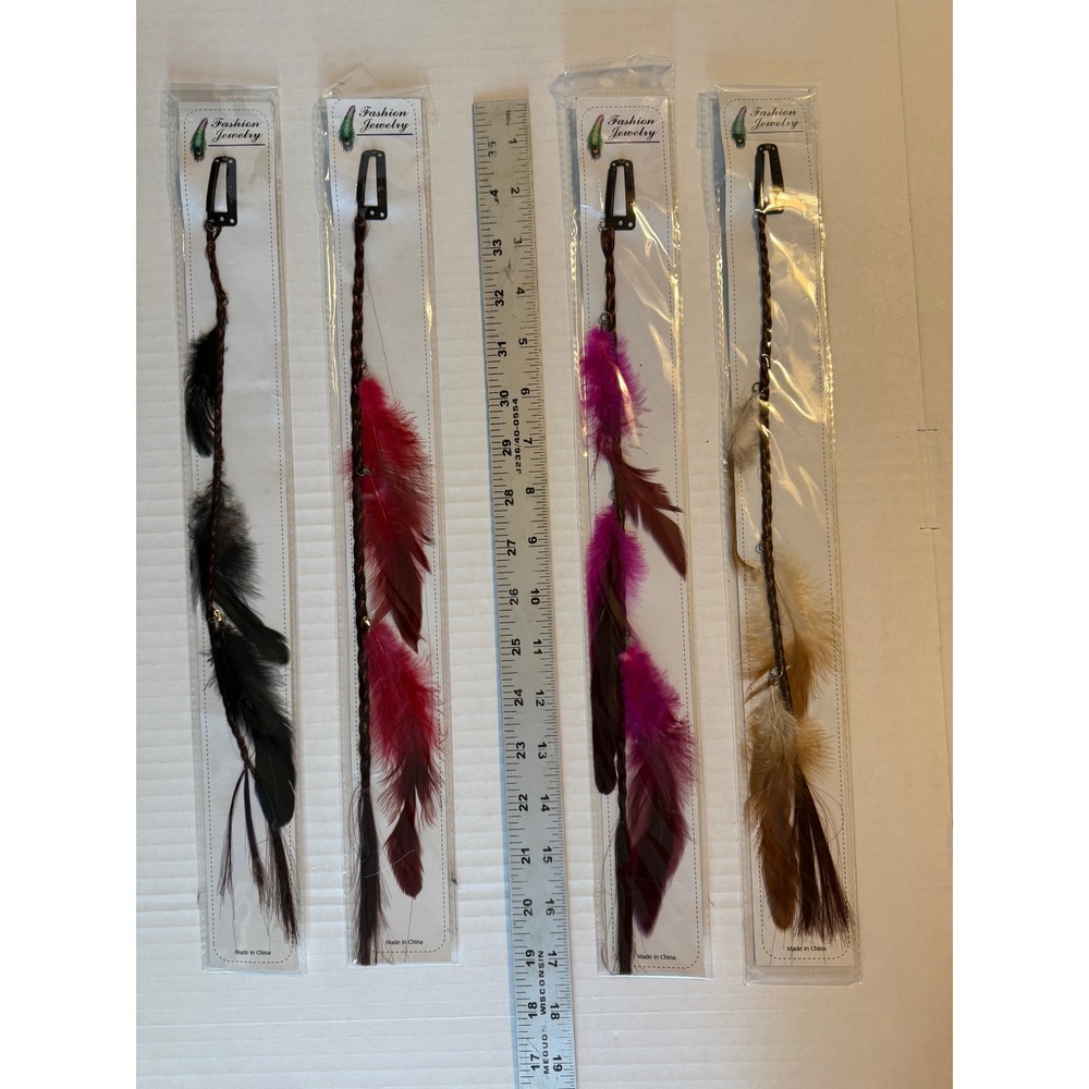 Vintage 1990s NOS Feather Hair Extensions Clips Set of 4 Black Red Pink Tan Boho